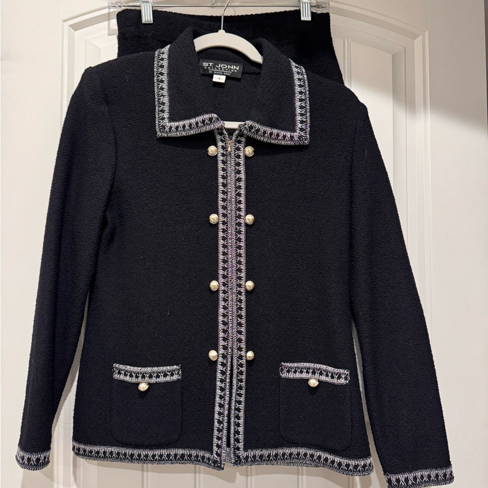 St. John Black Bouclé Blazer with Pearl-Style Buttons